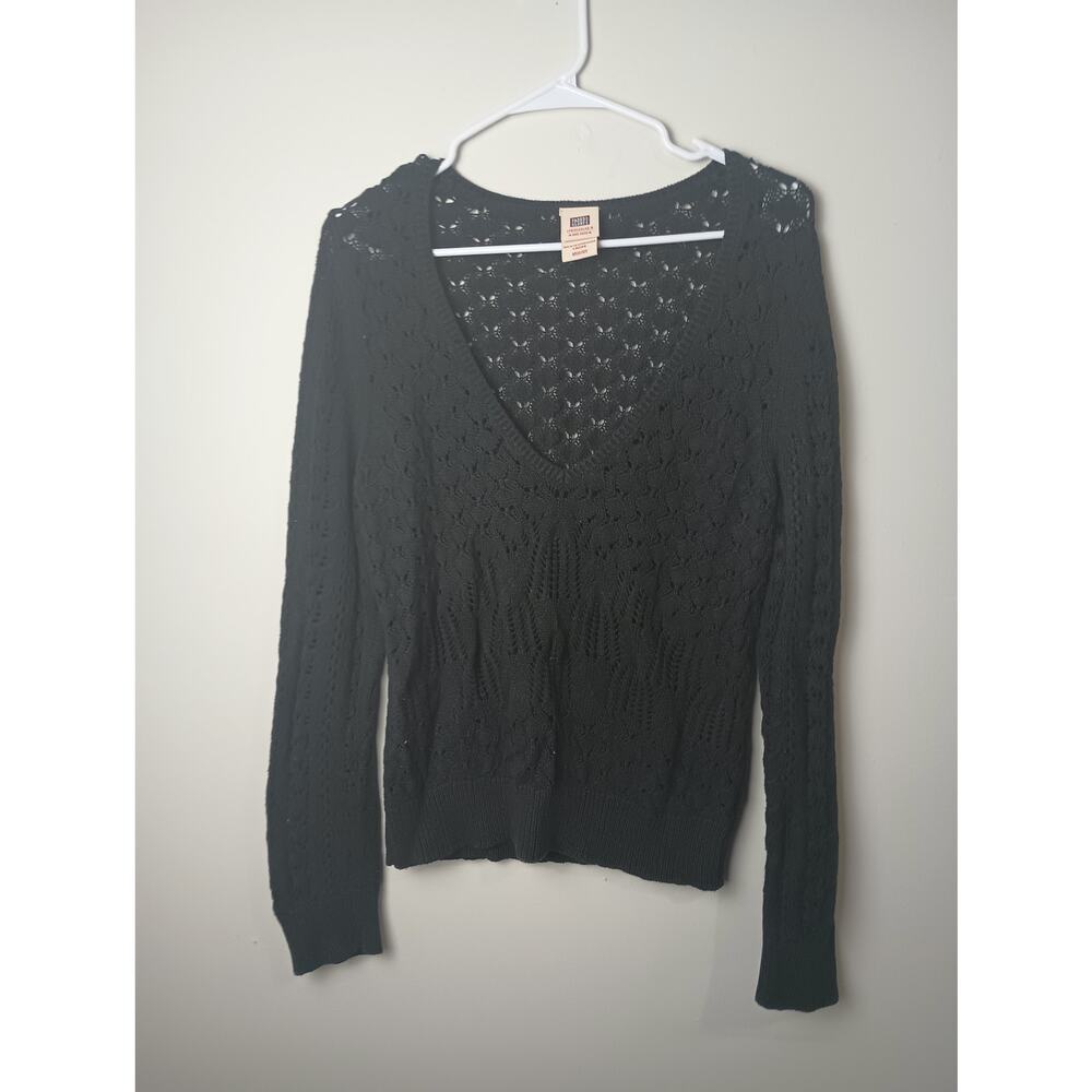 Vtg‎ Faded Glory Y2K Knit Crochet Black V Neck Long sleeve Fitted Sweater Medium